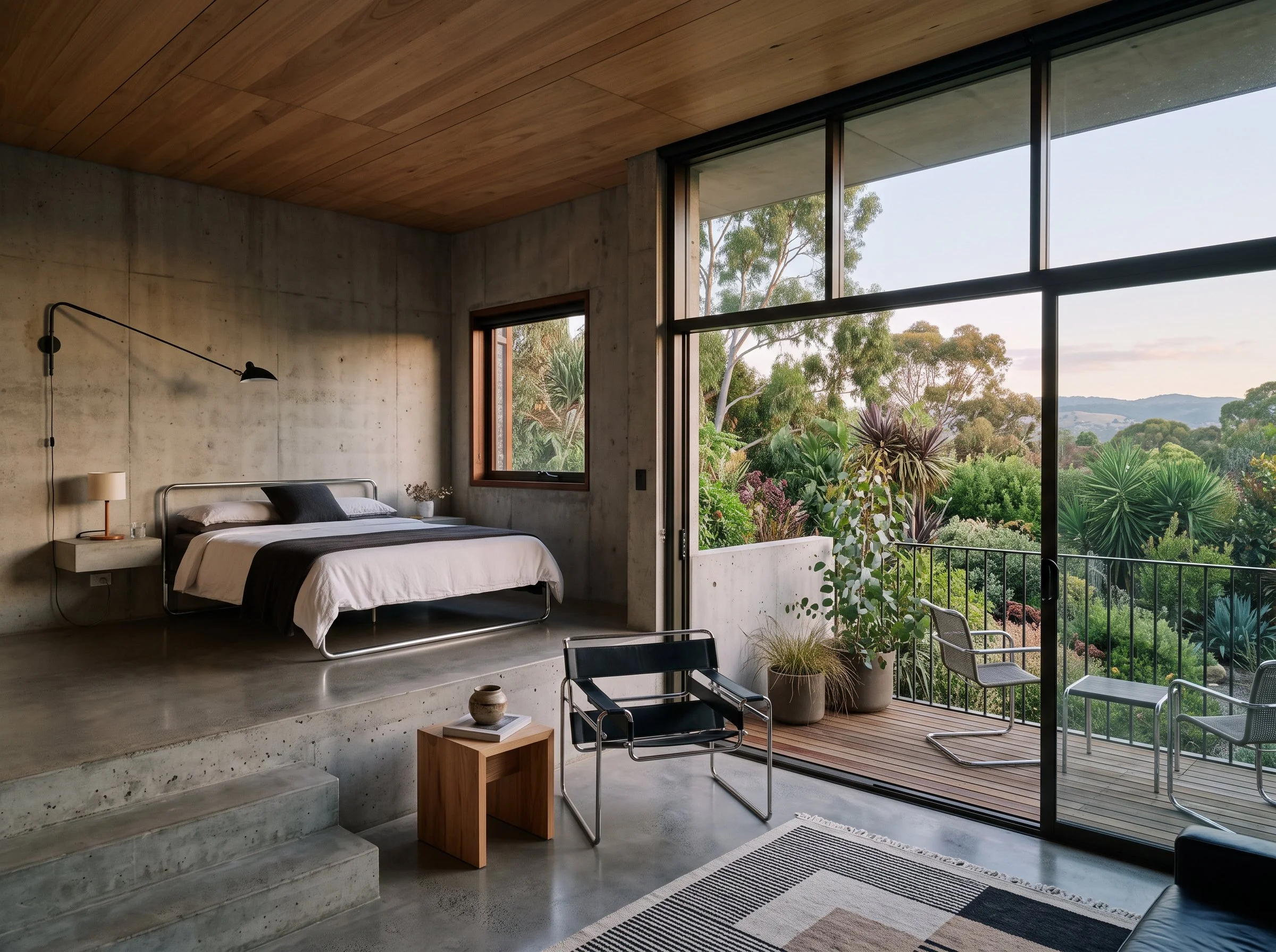 open plan split-levl bedroom with seating area and balcony in a mid-century modern brutalist fusion, plush design interiors, adelaide