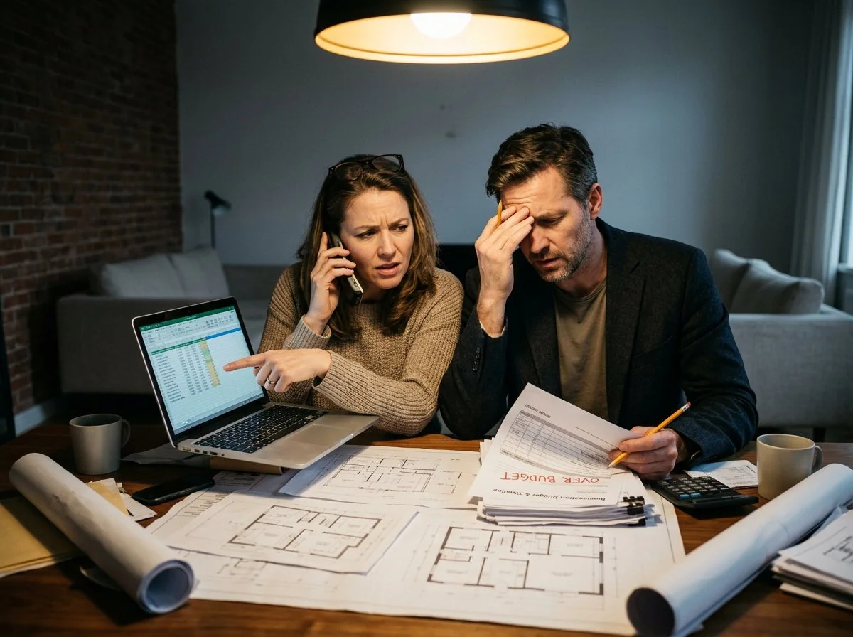 a couple is at the kitchen table with a laptop and mobile phone going over renovation budgets and spreadsheets, plush design interiors, adelaide