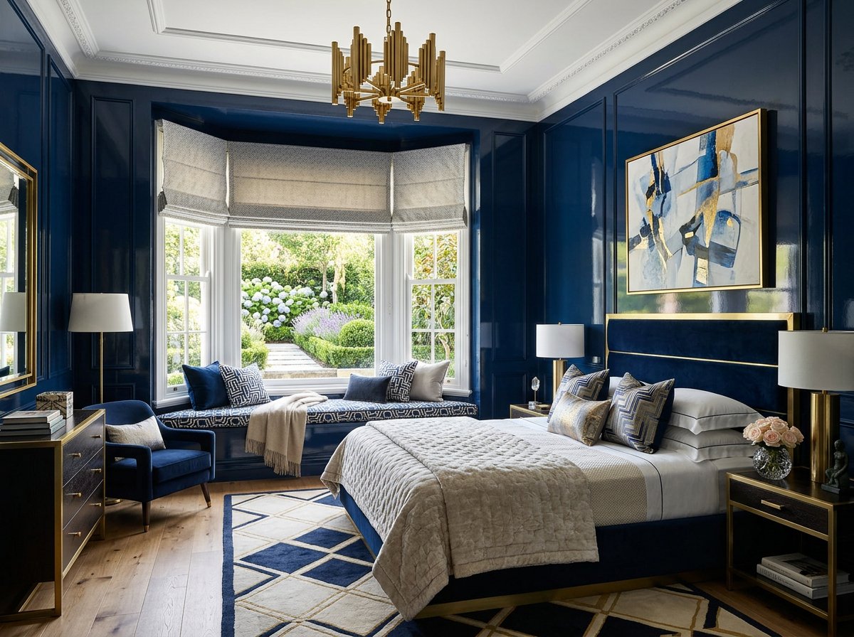 stylish bedroom with saturated high gloss blue walls as the backdrop to a luxurious bedroom of pattern and texture, plush design interiors, adelaide