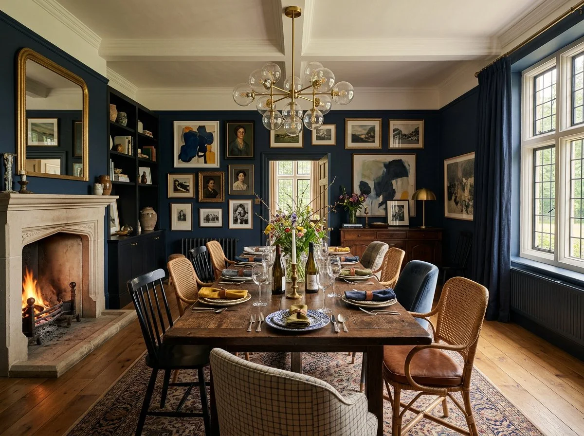 country farmhouse dining room with navy blue walls filled with a gallery of art works, mismatched dining chairs at a wooden dining table, and a roaring fire in the hearth, plush design interiors, adelaide