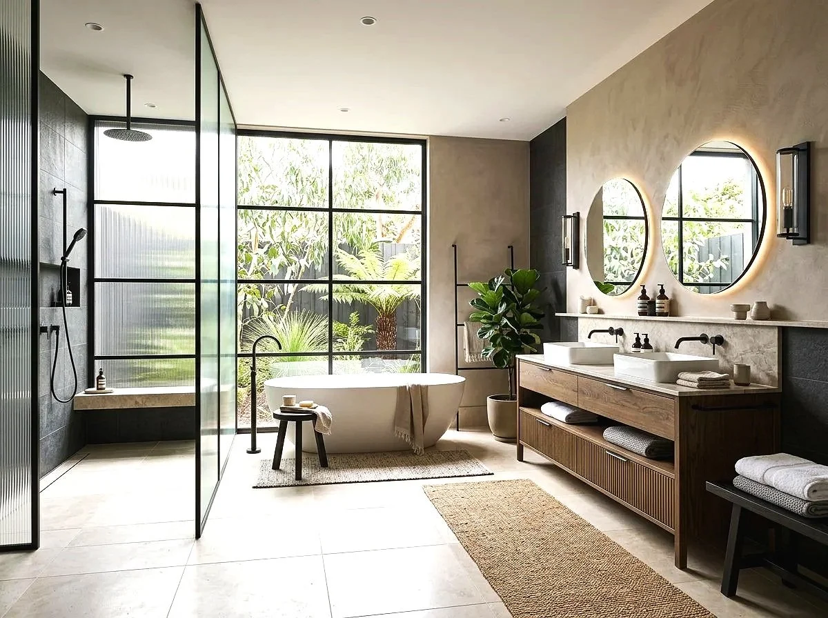modern bathroom with large black metal trimmed picture window with a walk-in shower and freestanding bath in warm neutral tones, plush design interiors, adelaide