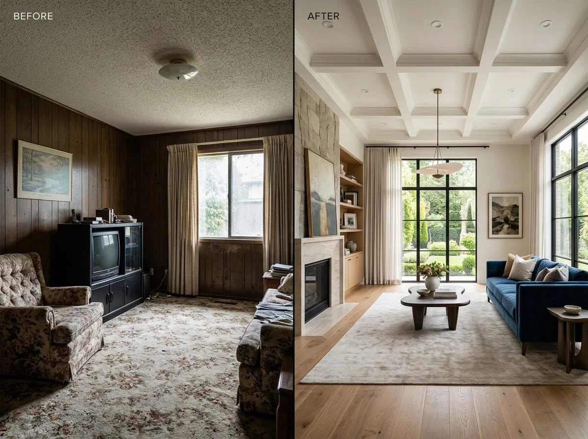 split screen image of a before and after living room renovation, plush design interiors, adelaide