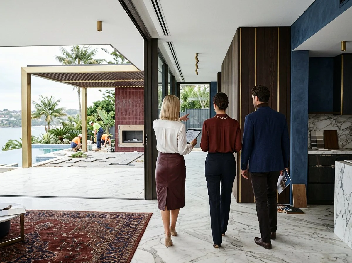 a couple and their interior designer walk through a partially renovated outdoor living area, plush design interiors, adelaide