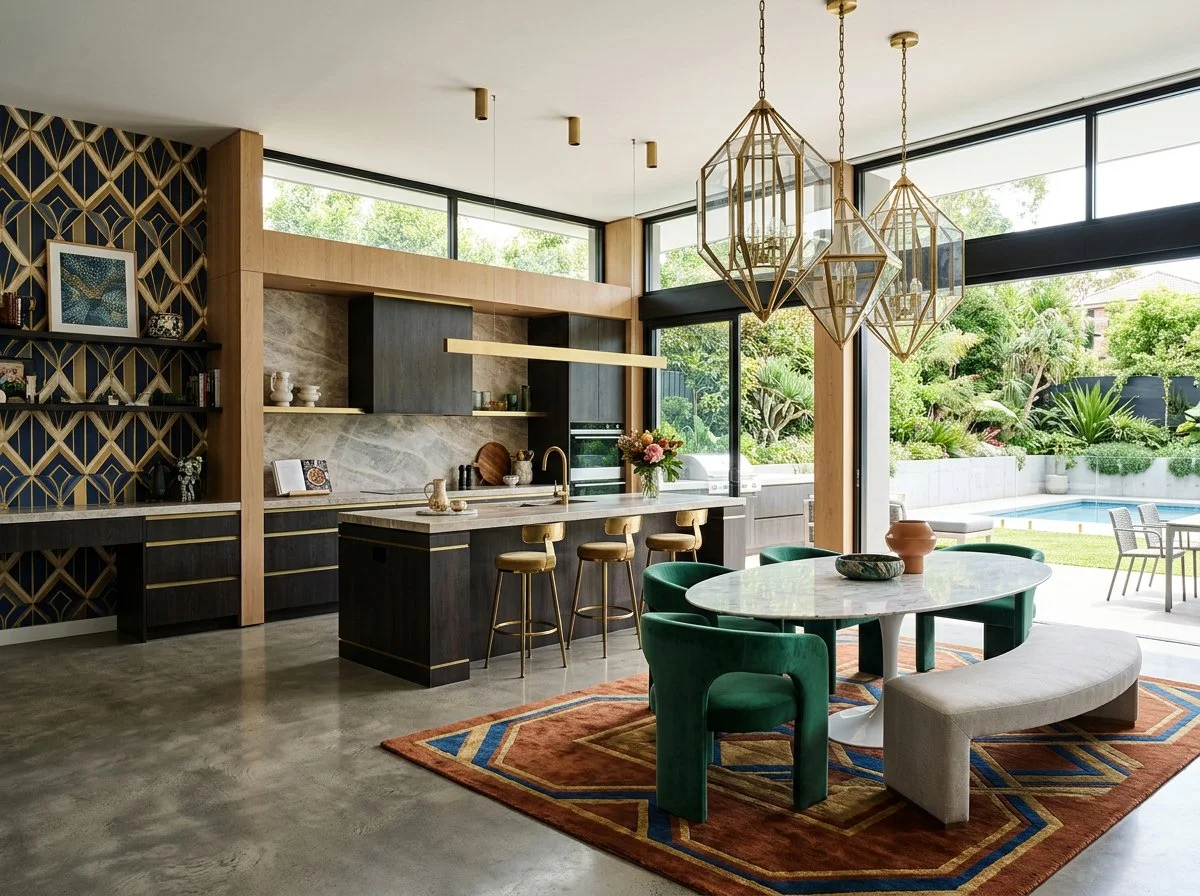 magnificent luxury open plan kitchen and dining with a mid-century modern vibe and very modern dining area overlooking a garden with pool, plush design interiors, adelaide