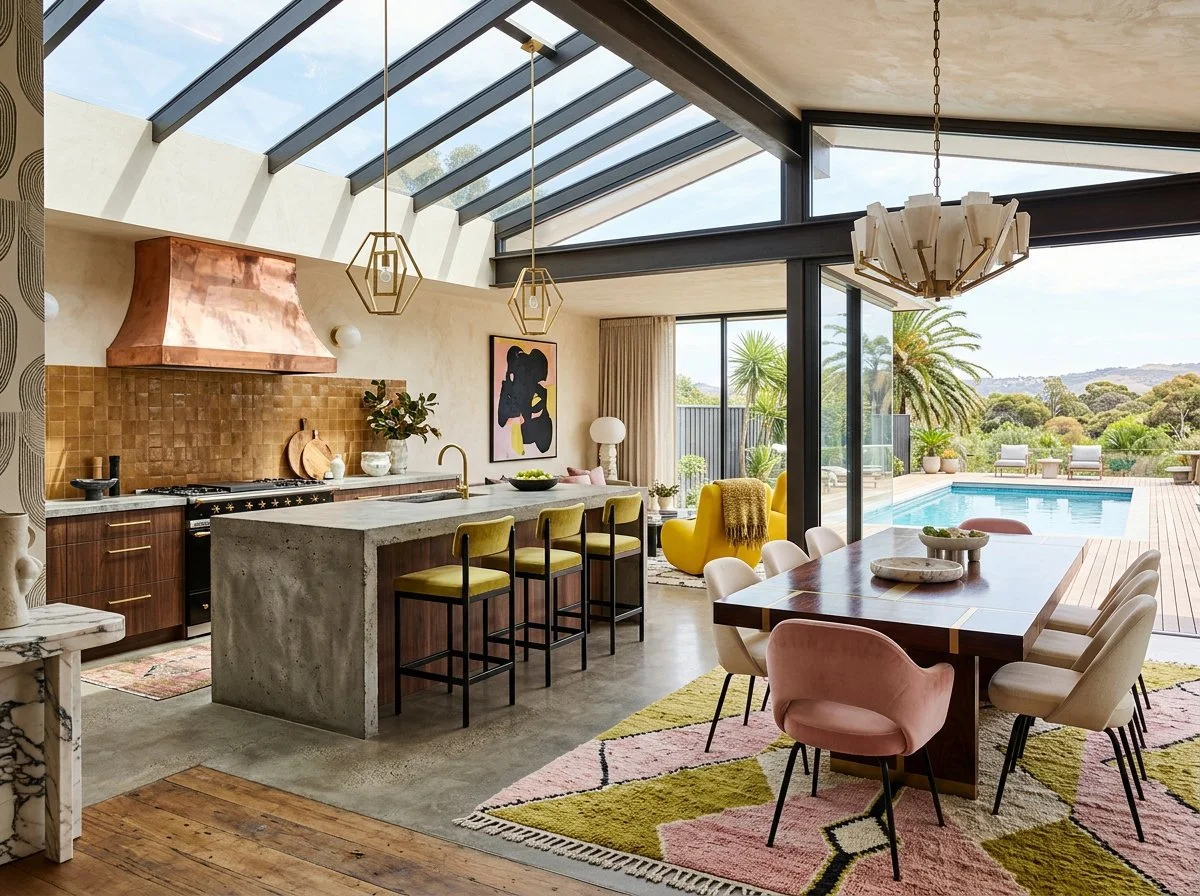 a mid-century modern brutalist kitchen with sloping glass roof, copper rangehood cover, an art decio dining table, and a mix of concrete, metal, glass, and soft furnishings in soft pink, chartreuse, yellow, cream, and black, showing juxtaposition