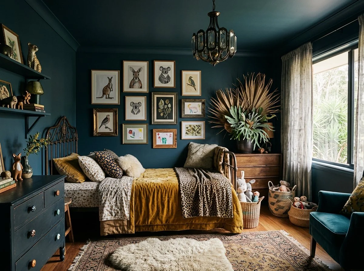 a vintage style child's bedroom wit dark blue/green walls, an antique iron bed, and plenty of space to display personal items, plush design interiors, adelaide
