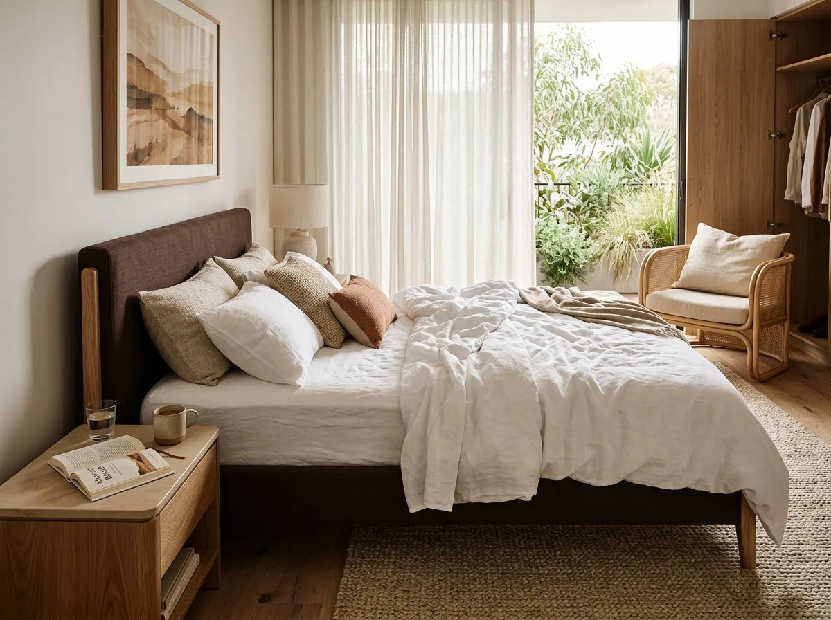 white linen sheets are crumled on. amodern bed with chocolate headboard in a warmly coastal Australian contemporary bedroom, plush design interiors, adelaide