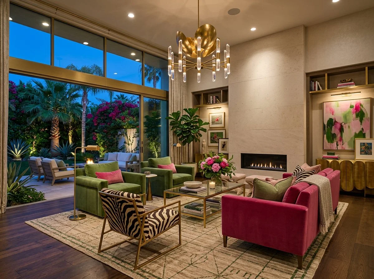 a luxury living room in the style of southern california design with clever us of pinks and greens, in an elegant space overlooking a garden, plush design interiors, adelaide