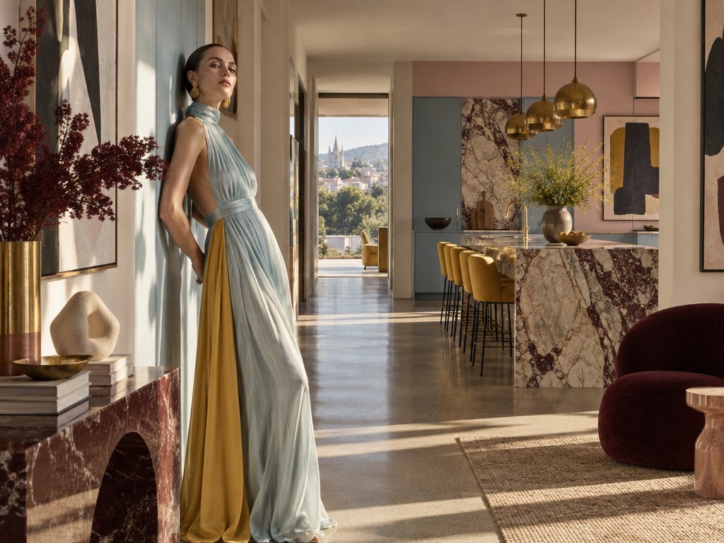 elegant woman in an evening gown leans against a wall in a modern kitchen in tones of pale blue, yellow, and soft pink with calacatta viola marble countertops, plush design interiors, adelaide