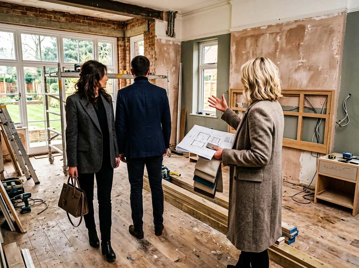 a couple walks through a partial home renovation with an interior designer who is holding plans, plush design interiors, adelaide