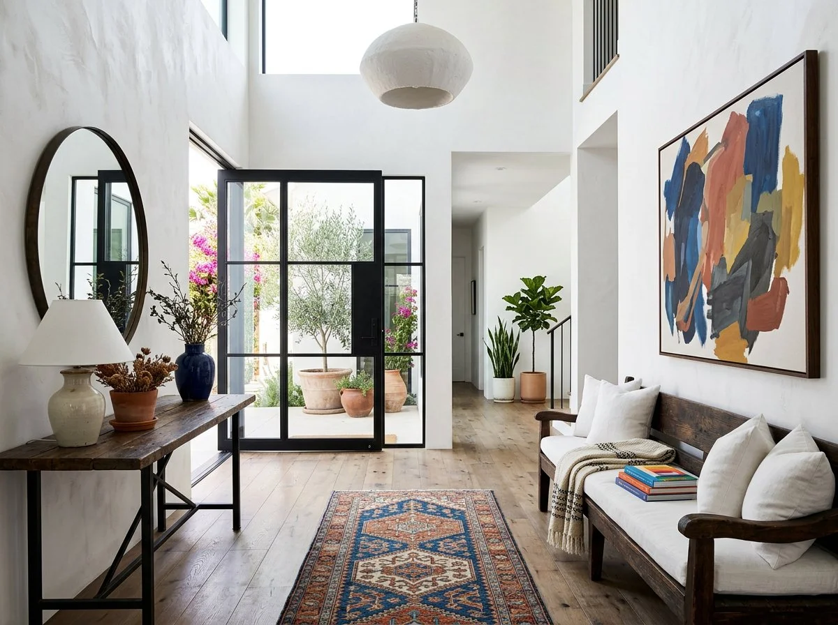 modern southern california style entry with wooden flors, white plaster walls, rustic console, black accents, and pops of colour, plush design interiors, adelaide