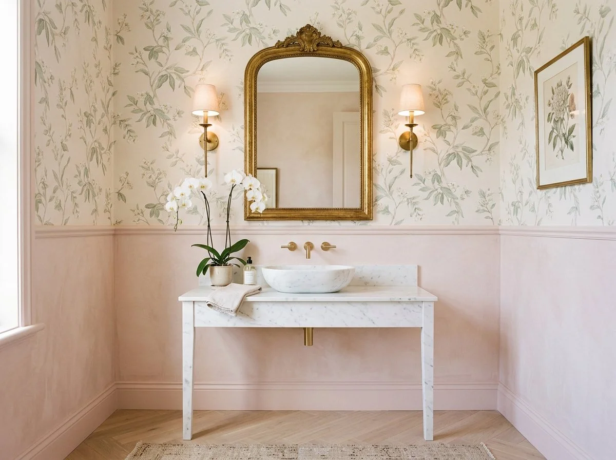 pretty powder room woith a half wall of soft pink paint and soft botanical wallpaer above to the ceiling, with table-style marble vanity and wall sconces flanking a gold mirror, plush design interiors, adelaide