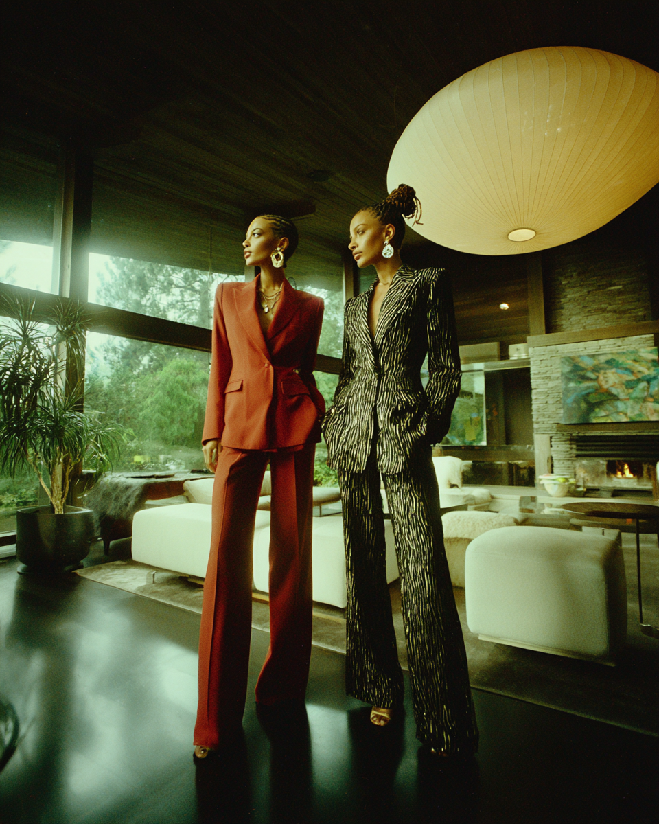 two very stylish women in a mid-century modern living room, modern stylish retro vibe with photographic ambience