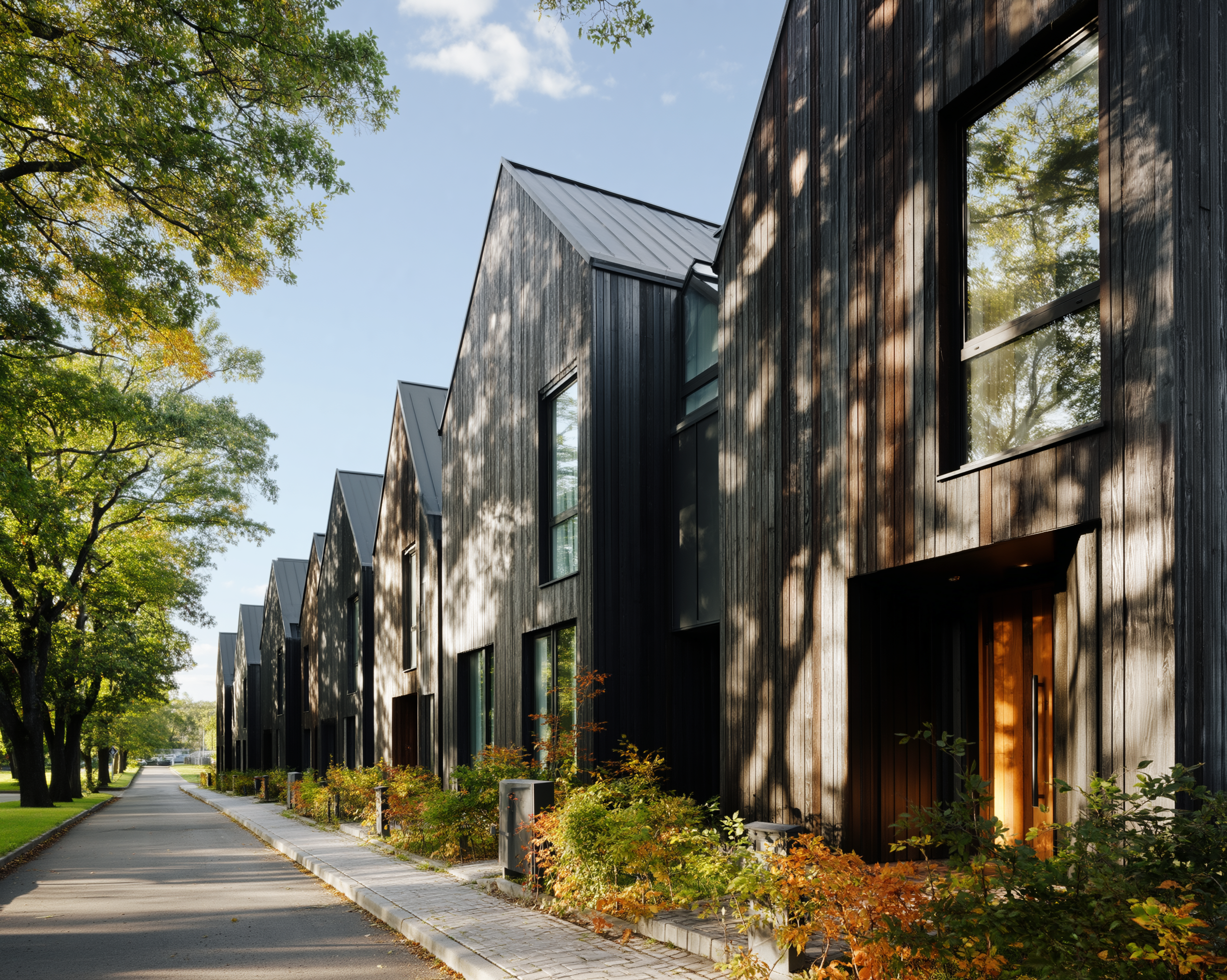 modern row of townhouses clad in a charcoal wood, plush design interiors, adelaide