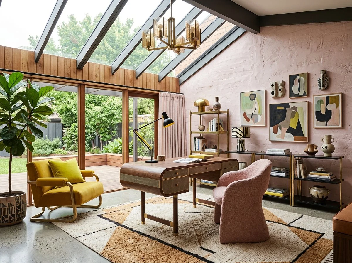 warm and inviting mid-century modern brutalist home office with art deco desk and modern accessories in a colour palette of soft pink, chartreuse, cream, yellow, and black, plush design interiors, adelaide
