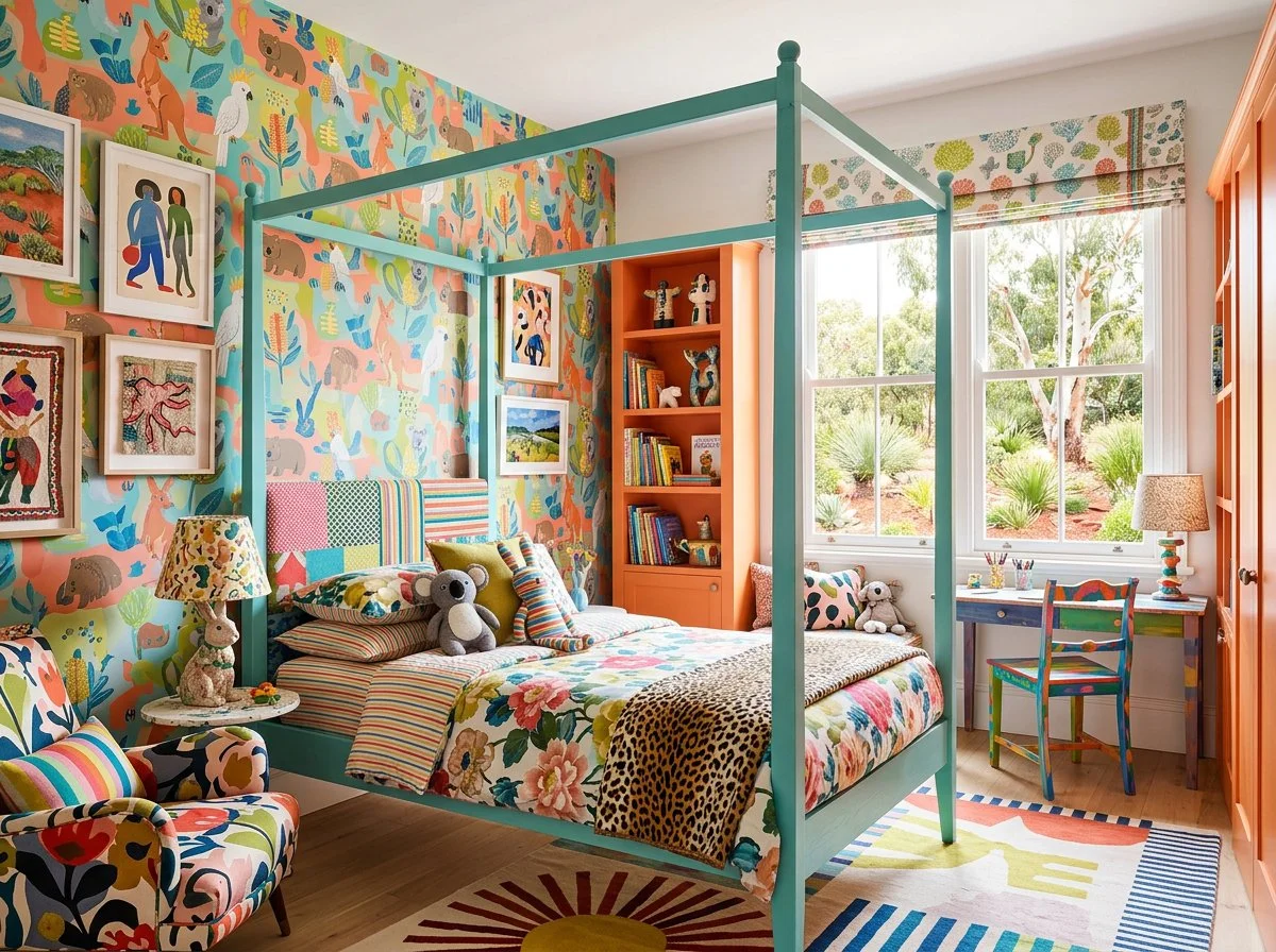bold bedroom for a child with a turquoise painted four-poster bed and dramatic Australian-themed  wallpaper, plush design interiors, adelaide