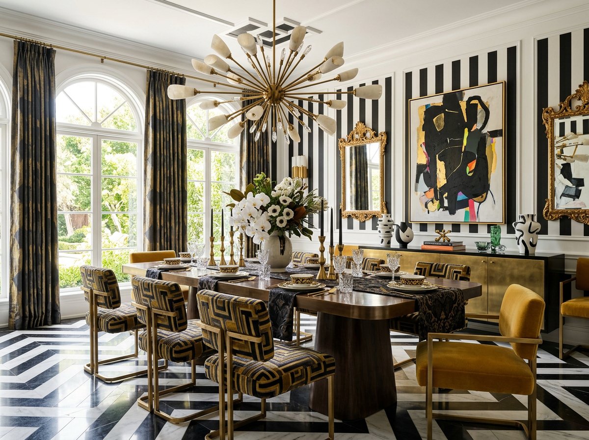 dramatic dining room with black and white striped wallpaper, a bronzed steel dining table with cut velvet dining chairs, and bold accessories with a sputnik chandelier over the table, plush design interiors, adelaide