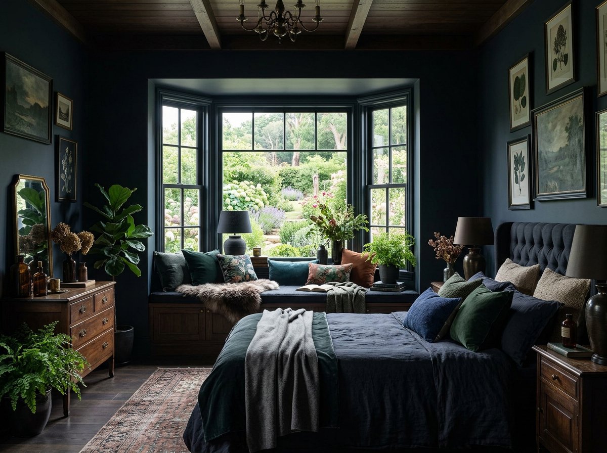 beautifully dark and moody bedroom with inky blues, deep greens, and dark wooden ceiling and floor, creating a space of depth and character, plush design interiors, adelaide
