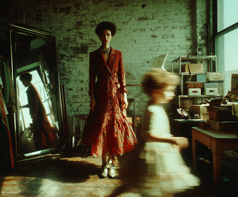 reto style photo of a woman in front of a mirror with a child running through shot and boxes stored on a metal bookshelf, plush design interiors adelaide