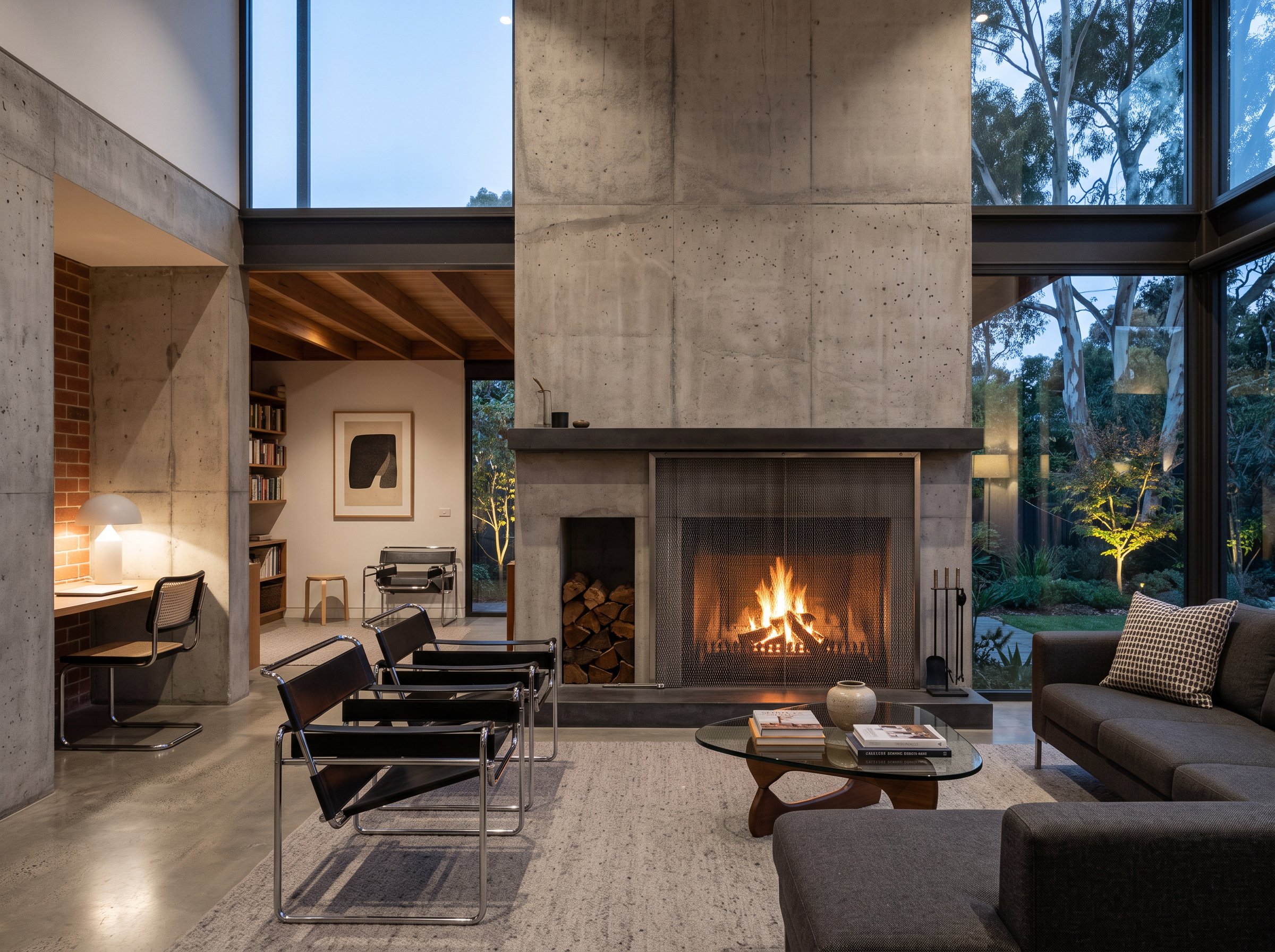open plan living room with brutalist vibe in the style of Marcel Bruer with open fireplace and metal curtain fireguard, plush design interiors, adelaide