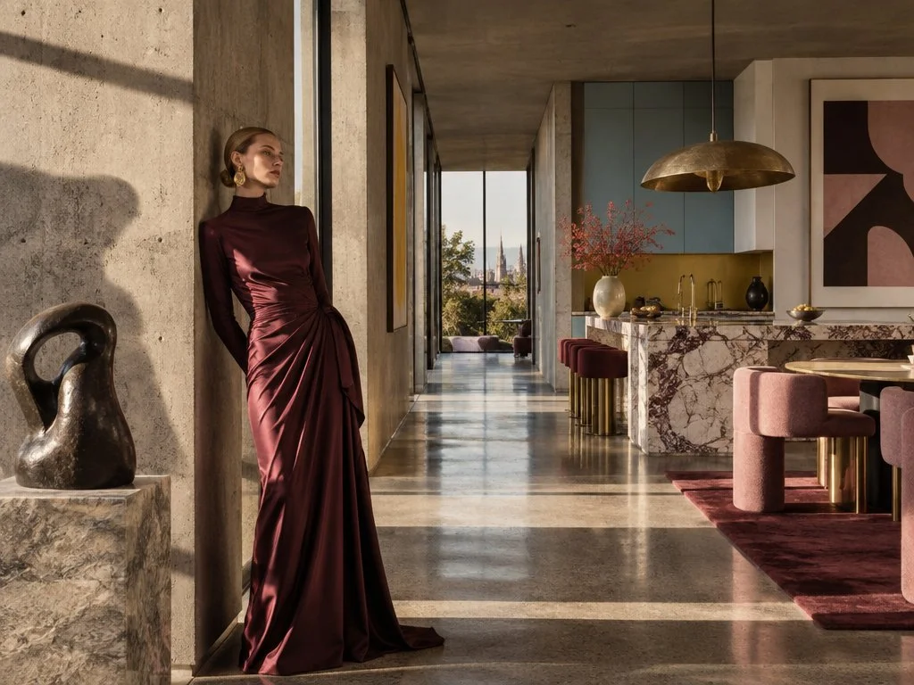 elegant woman in a burgundy silk dress leans against the wall of a modern brutalist kitchen with pale blue cabinetry, burgindy bar stools, brushed brass splashback, and calacatta viola marble countertops, plush design interiors, adelaide