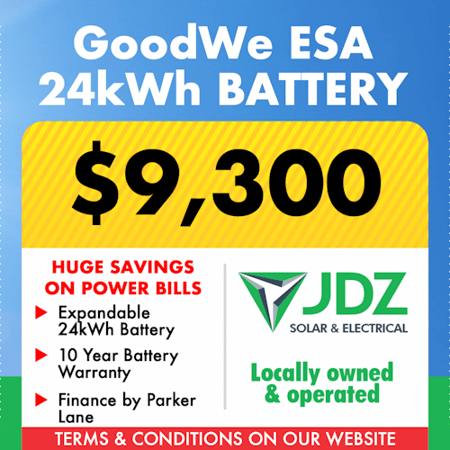 Advertisement for a GoodWe ESA 24kWh battery priced at $9,300, highlighting savings on power bills, expandable 24kWh battery, 10-year warranty, financing options, and local ownership by JDZ Solar & Electrical.