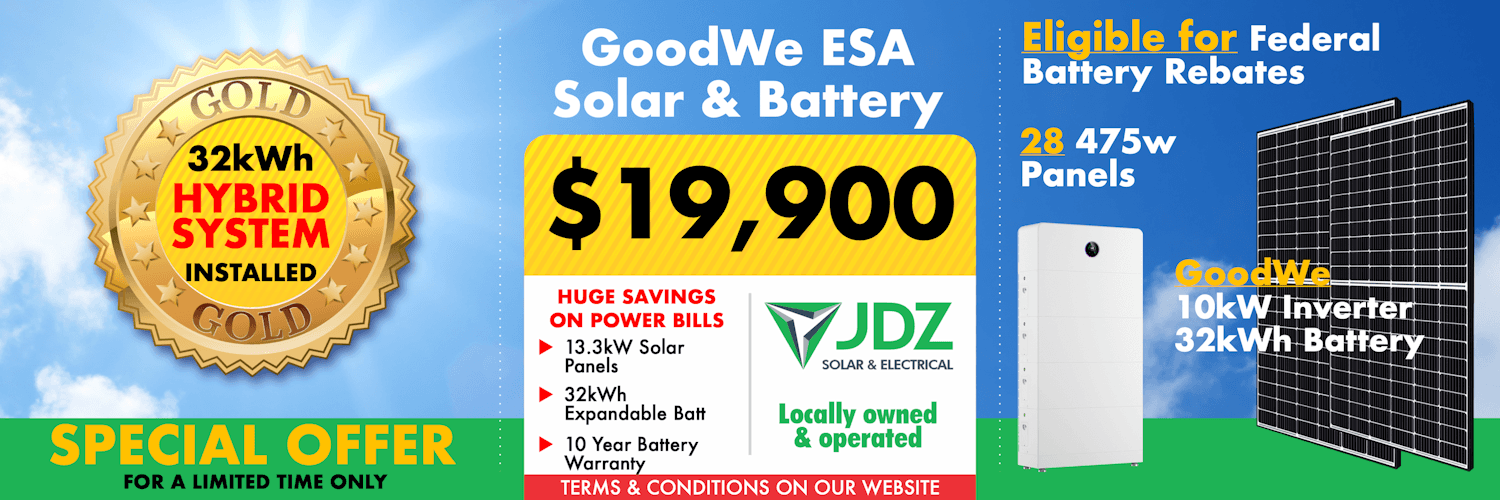 Advertisement for Goode ESA solar and battery system priced at $19,900, featuring a 32kWh hybrid system with 28 panels eligible for federal rebates, including 13.3kW solar panels, a 32kWh expandable battery, and a 10kW inverter with 32kWh battery, with text emphasizing savings and local operation.