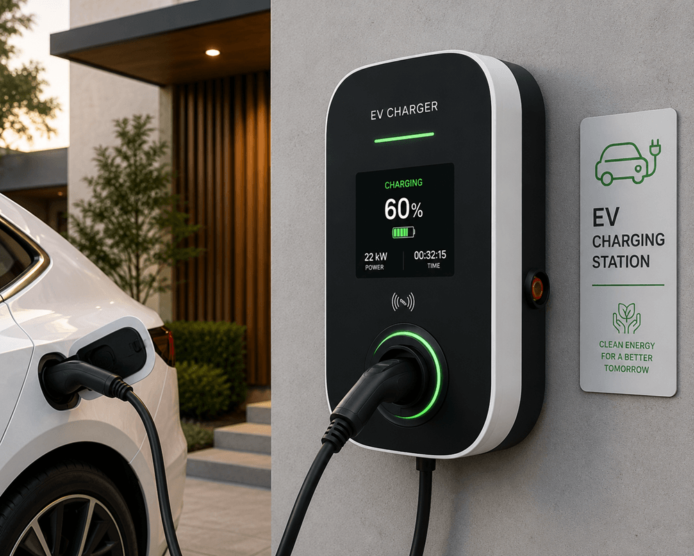 Car Plugged into a Home Charging Station positioned on a wall.