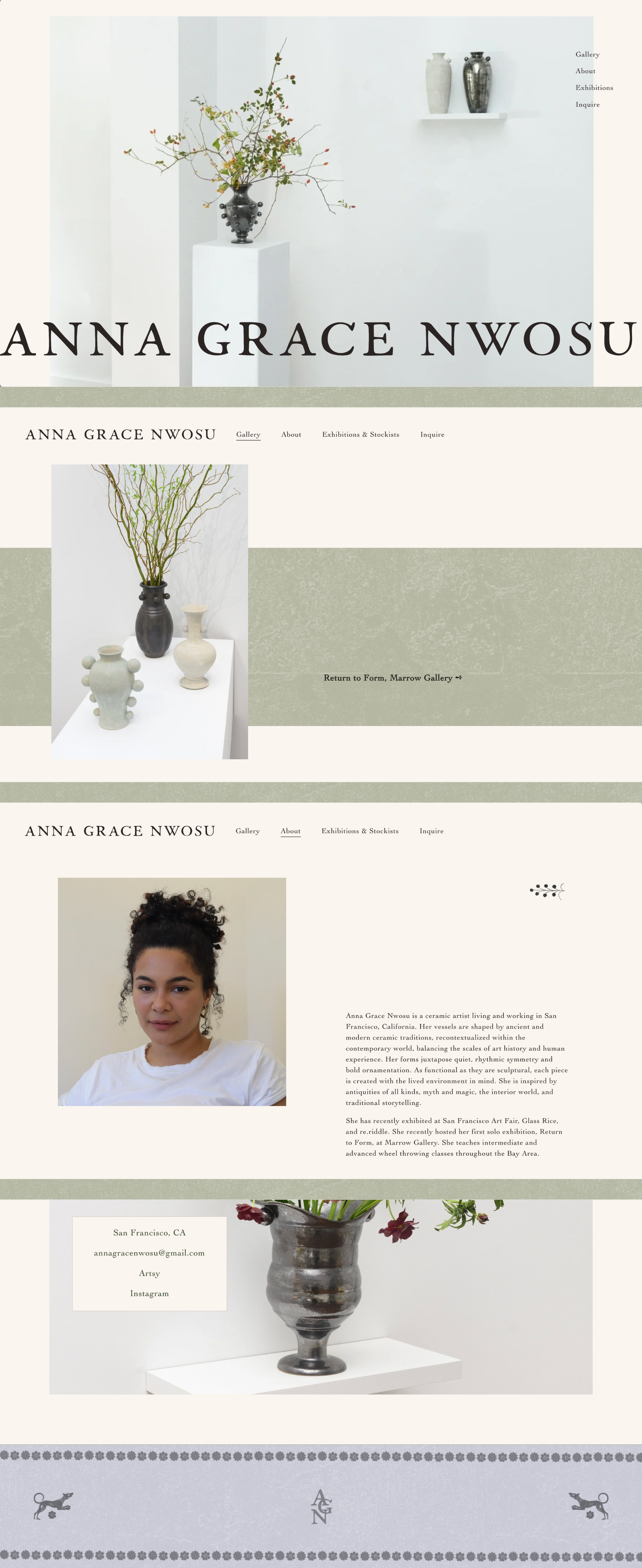 Screenshot of Anna Grace Nwosu's art portfolio website showing photographs of ceramics and pottery, along with a portrait of the artist, with a minimalist design and soft color palette.