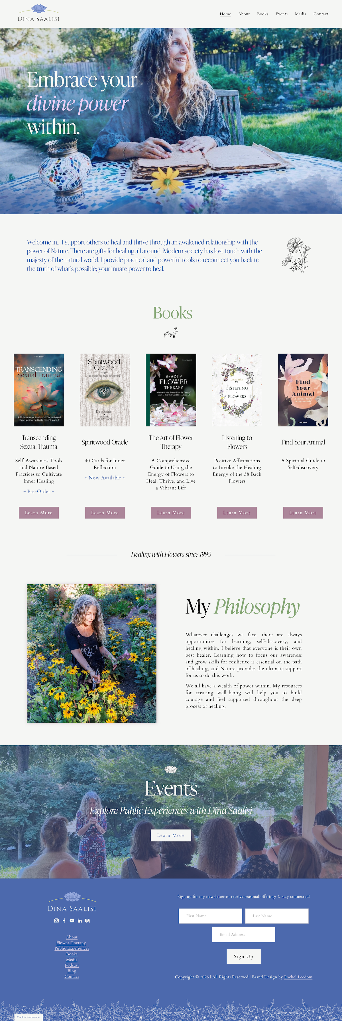 Website homepage for Dina Saalisi, featuring a woman with long curly hair in a garden, sitting at a table with flowers and books, with headings about embracing divine power, books related to healing and self-discovery, and an event section with an outdoor audience.