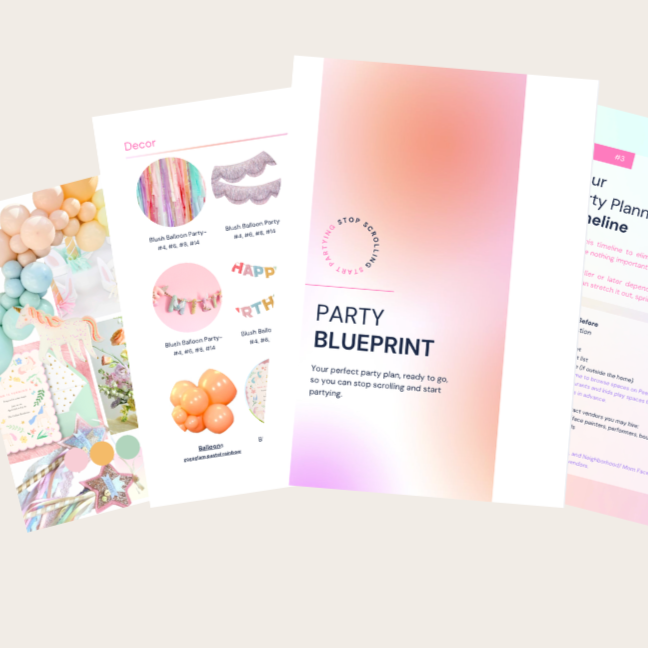 Collection of party planning documents and decoration supplies, including balloons and color-themed decor for a celebration.