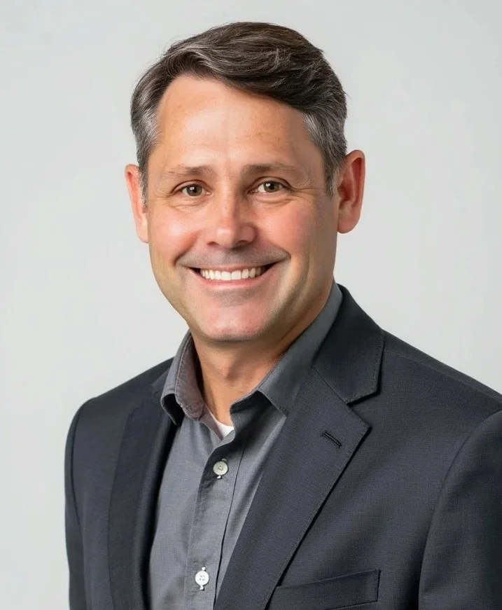 A professional headshot of a smiling man in a dark suit and gray shirt against a light background.