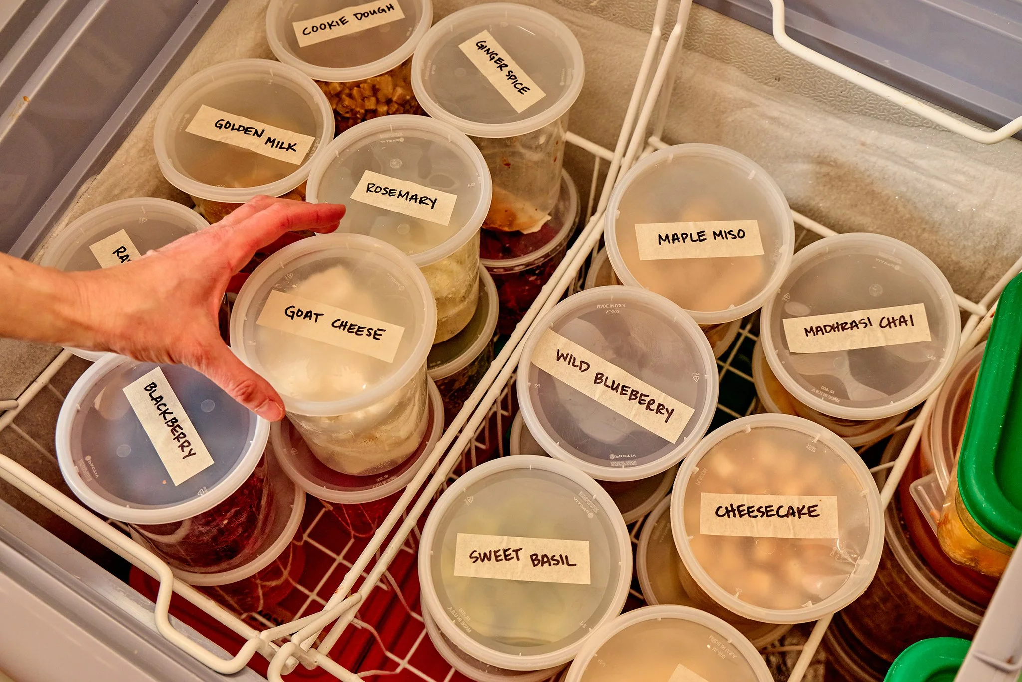 Plastic containers with handwritten labels inside a freezer, containing various flavored ice or frozen desserts, including blueberry, goat cheese, cookie dough, ginger spice, golden milk, rosemary, maple miso, madras chai, cheesecake, wild blueberry, sweet basil, and blackberry.