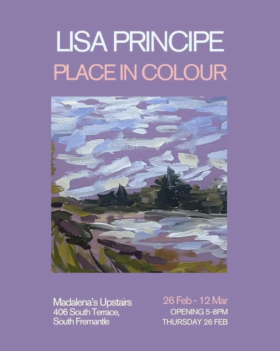 Place in Colour ✨️ 🎨 

We're thrilled to announce the opening of a new exhibition Upstairs at Madalena's, featuring incredible painted works by Lisa Principe at the end of this month.

Lisa Principe (b. 1993) is a Perth-based multidisciplinary artis