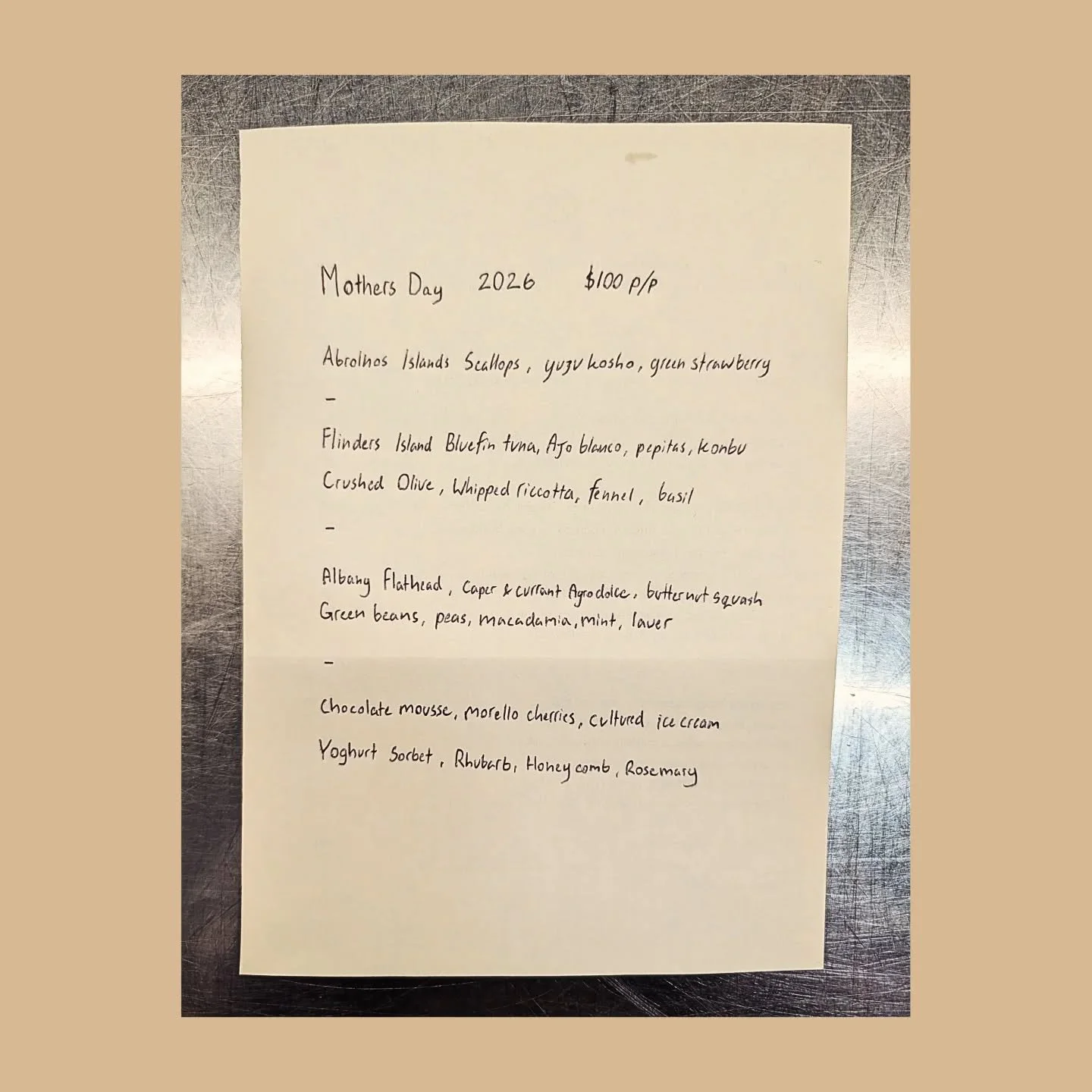 Our Mothers Day menu for Sunday. All welcome 🌞

~ Abrolhos Islands Scallops, yuzu kosho, green strawberry

~ Flinders Island bluefin tuna, ajo blanco, pepitas, kombu
~ Crushed olives, whipped riccotta, fennel, basil

~ Albany Flathead, caper &amp; c