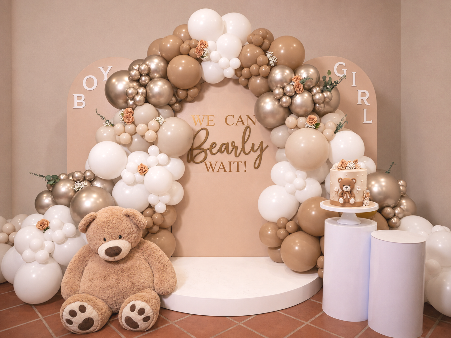 Arch wood walls with balloon carland, Can't nearly wait! sign and teddy bear, neutral colors gender reveal, Boy, Girl letters.