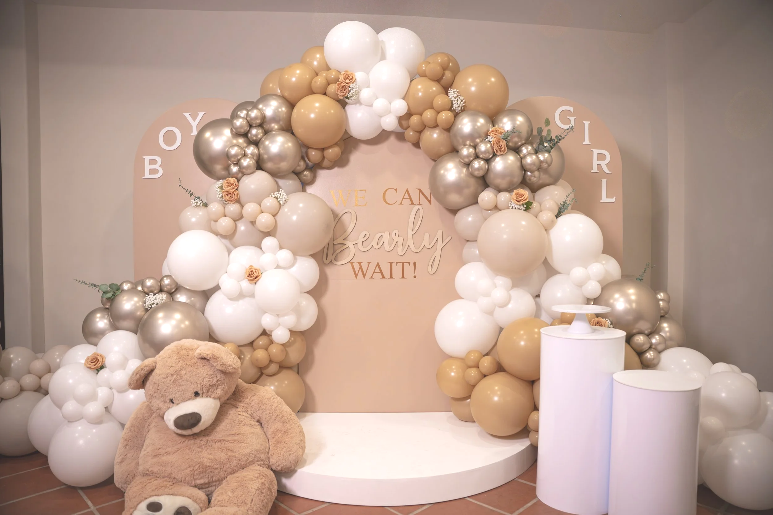 Arch wood walls with balloon carland, Can't nearly wait! sign and teddy bear, neutral colors gender reveal, Boy, Girl letters.