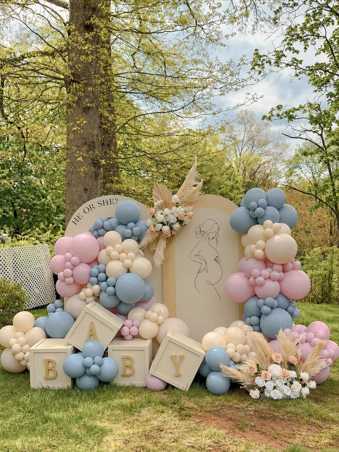 He or She decoration, with balloons, wooden arch walls, Baby boxes, pampas decor. 