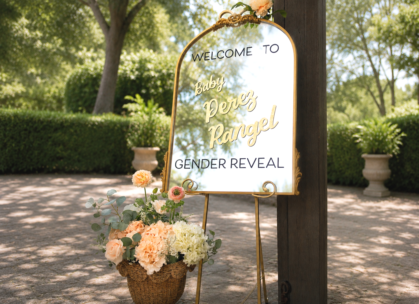 Welcome sign on mirror and easel
