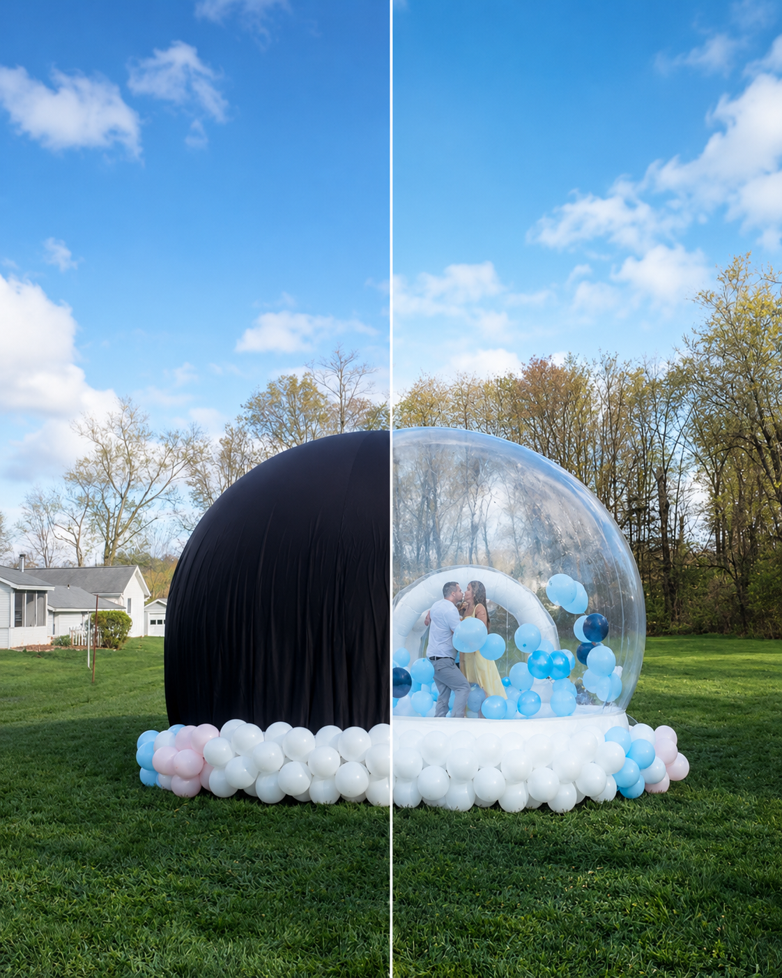 Couple celebrating inside a clear inflatable bubble filled with blue balloons during an outdoor gender reveal.