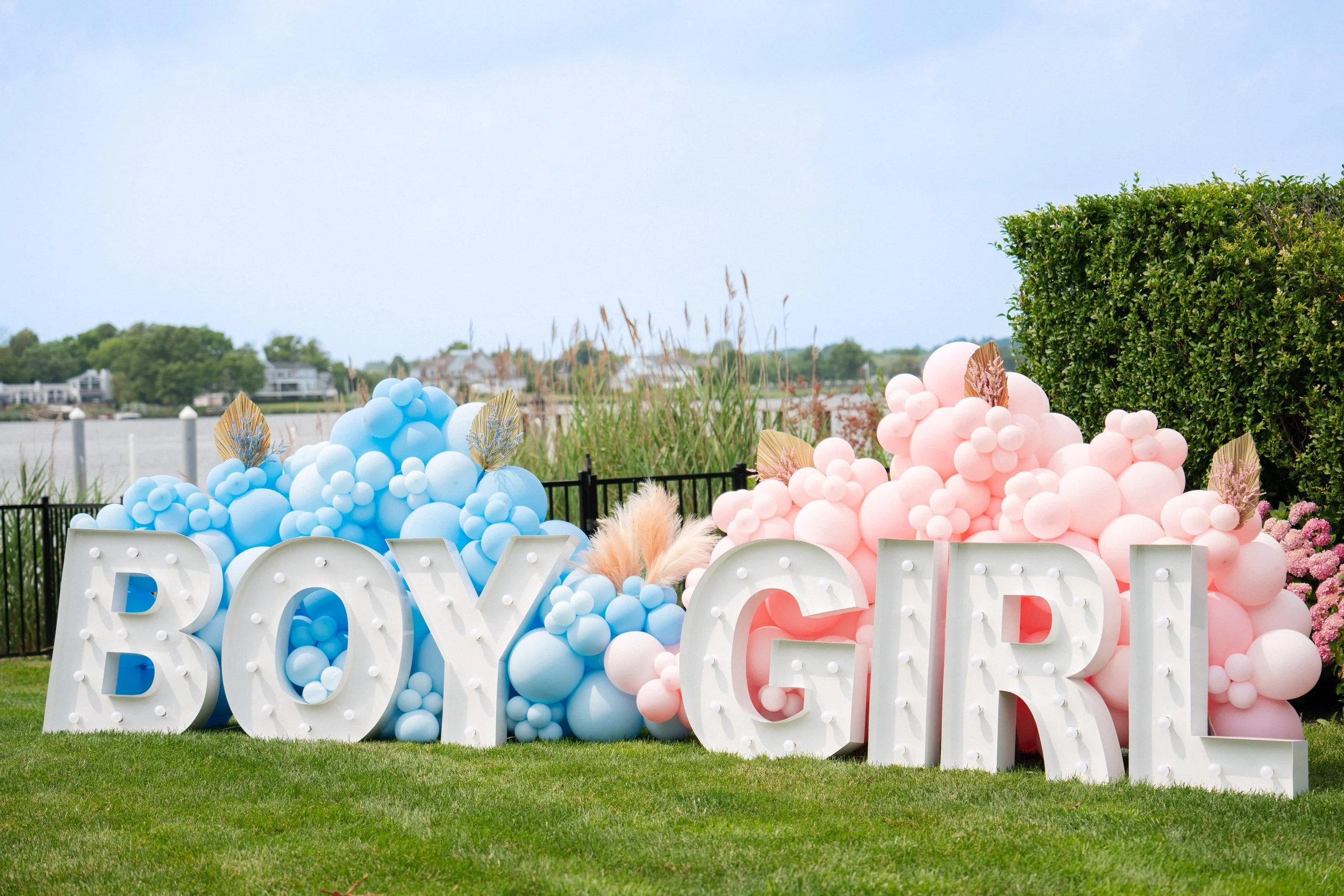 Marquee Boy Girl letters with pink and blue balloons 