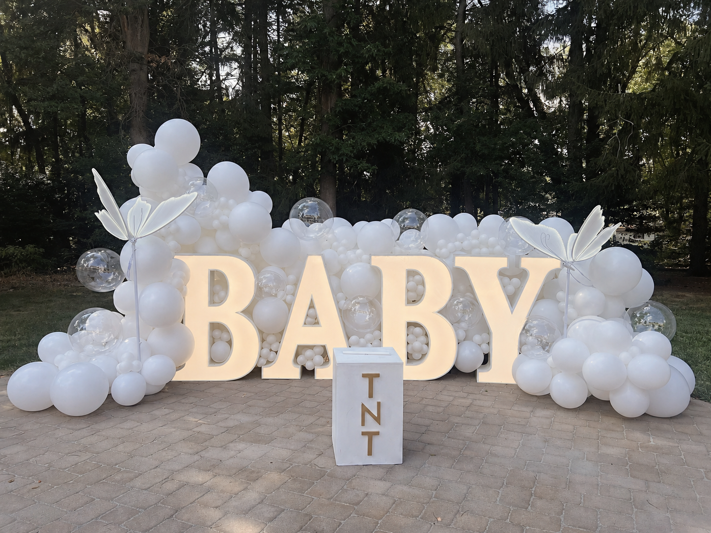 Baby marquee letters with balloon decoration in white. 