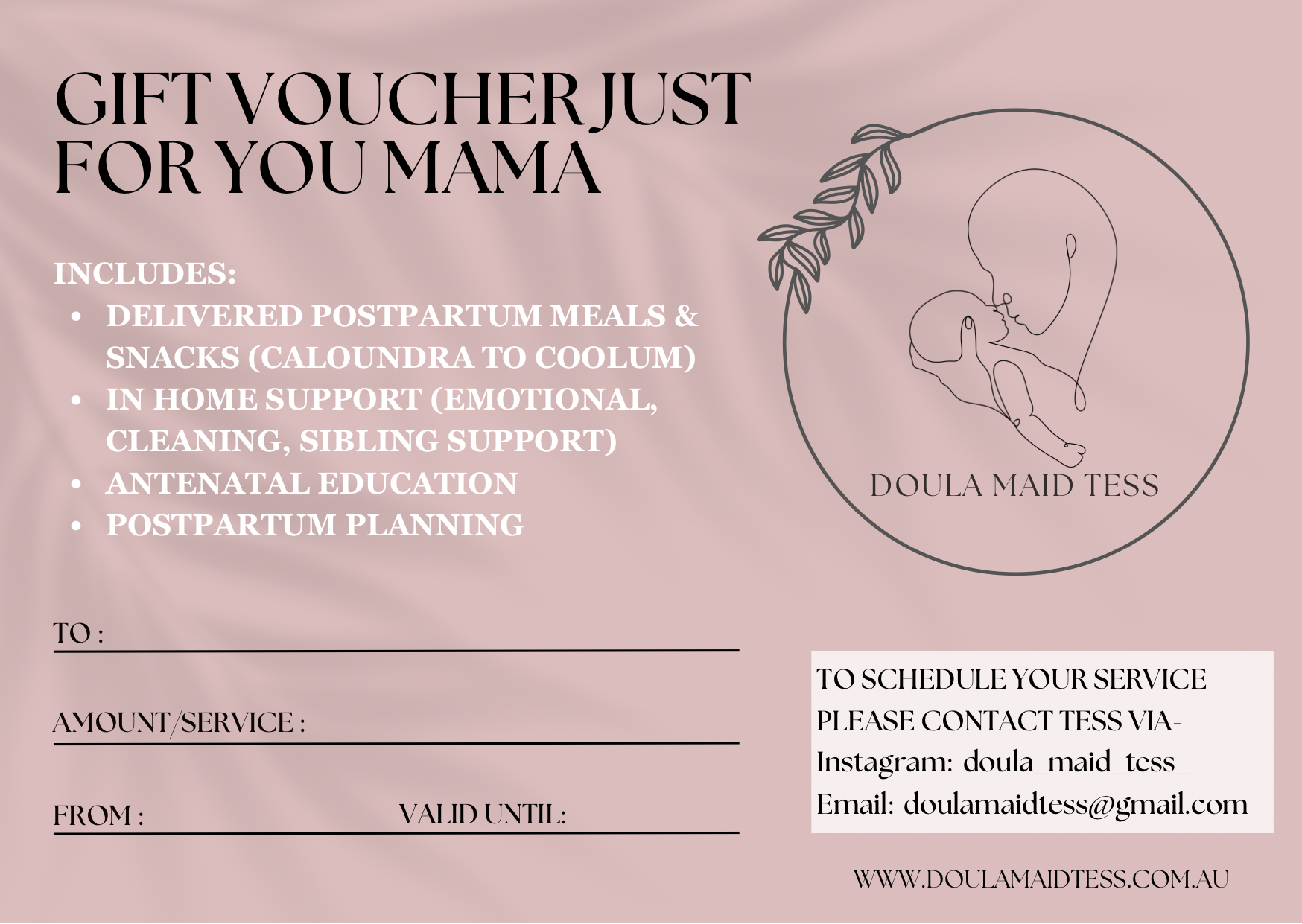 A gift voucher for Doula Maid Tess with a pink satin background, black text, and a simple outline illustration of a mother holding a baby, surrounded by a leaf branch.