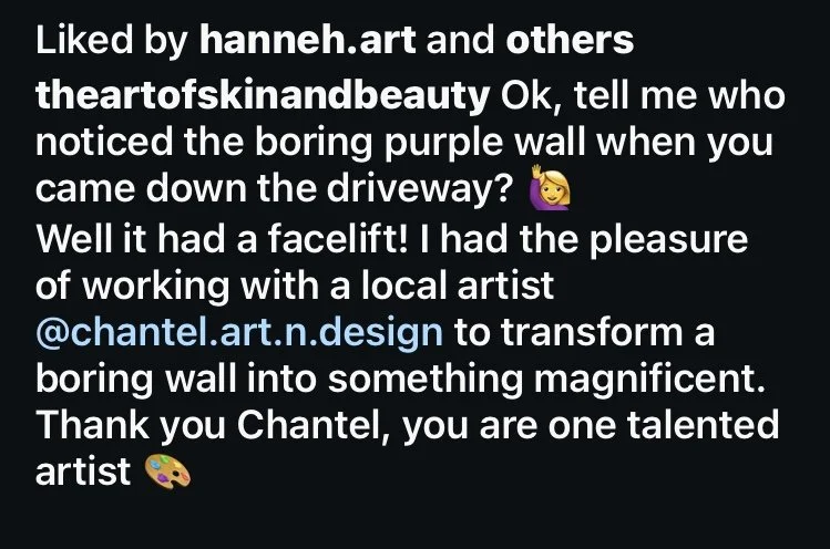 Instagram post text about a wall transformation by local artist chantel.art.n.design