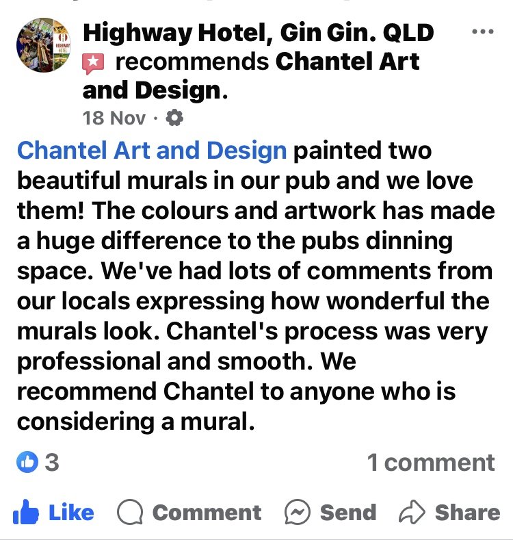 Facebook post by Highway Hotel Gin Gin recommending Chantel Art and Design for murals.