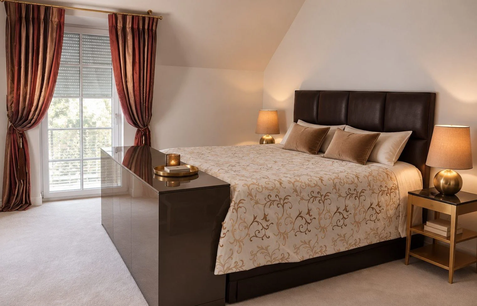 Elegantes Schlafzimmer mit gepolstertem Bett, goldfarbenen Nachttischleuchten und bodenlangen Vorhängen in warmen Rot- und Brauntönen.