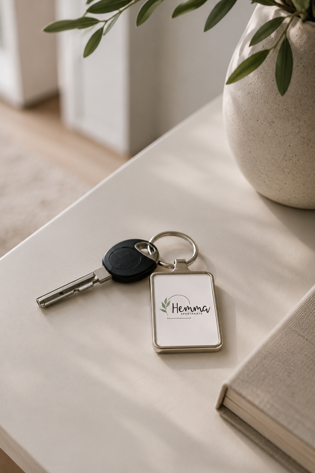 A key and key chain showing Hemma Apartments logo lying on a table top