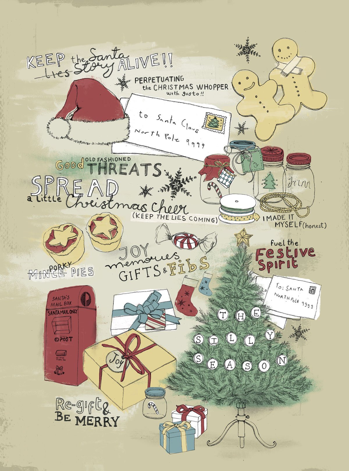  ‘White Christmas lies’ for InsideOut Magazine. Full page and spot illustrations. 
