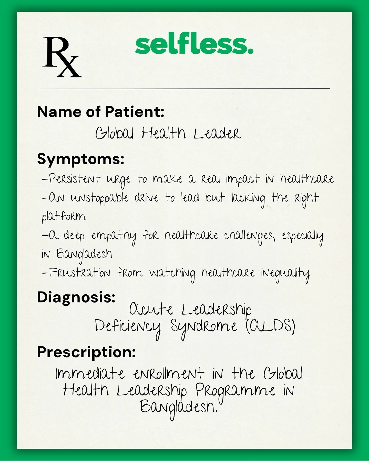 Do you feel a persistent urge to make a real impact in healthcare? 🌍

Are you driven to lead but missing the right platform?

📋 Diagnosis: Acute Leadership Deficiency Syndrome (ALDS)
💡 Prescription: Immediate enrollment in the Global Health Leader
