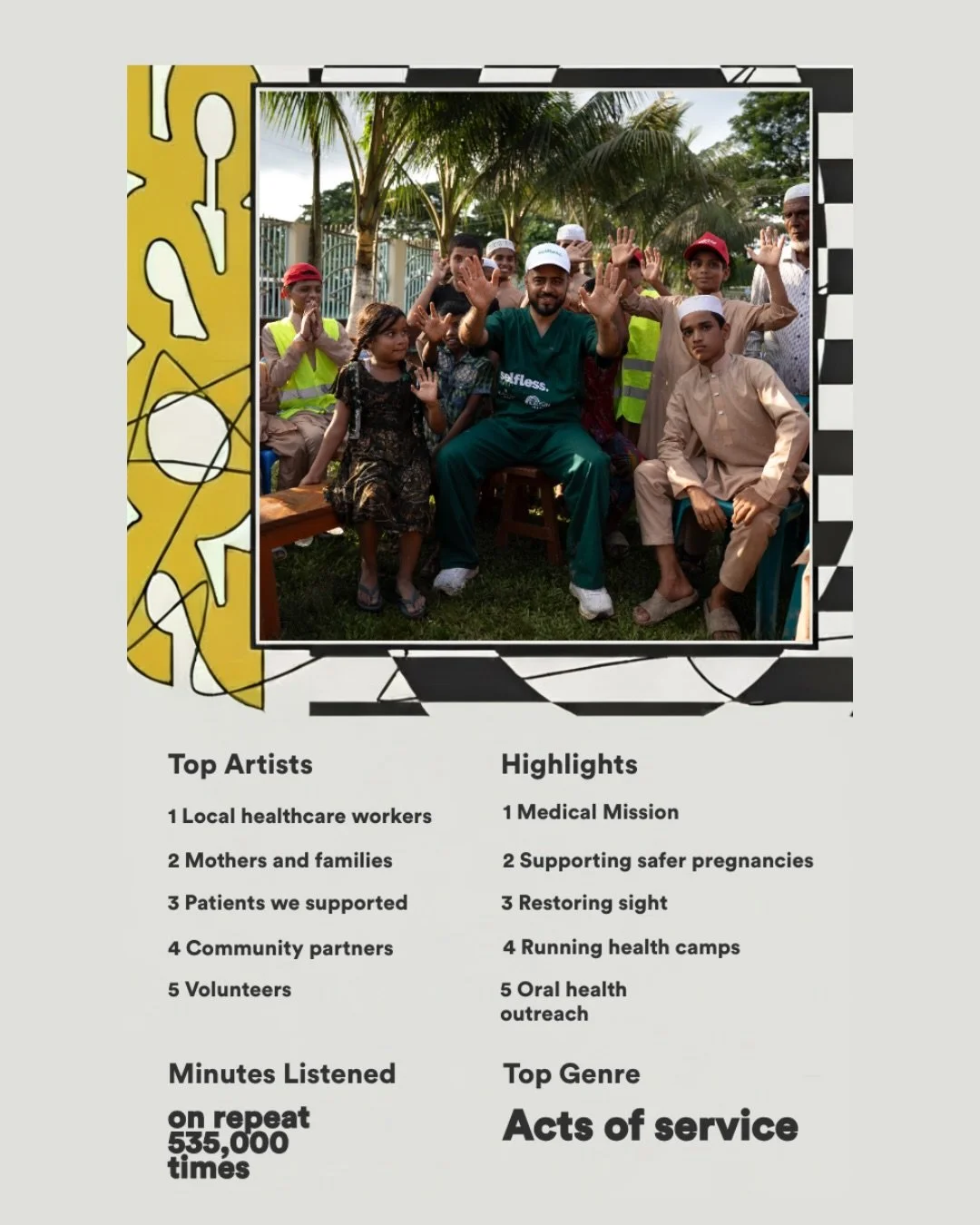 Here is our 2025 Wrapped 💚

A week in Bangladesh filled with service, learning and meaningful work alongside the communities we support.

We spent time with local healthcare partners, supported safer pregnancies, restored sight and delivered health 